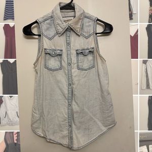 Sleeveless collared button up denim tank